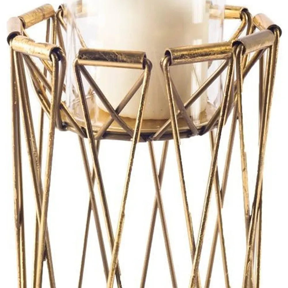 10" Antiqued Brass Distressed Geometric Metal And Glass Tabletop Hurricane Candle Holder - NOBLE HOME INTERIORS
