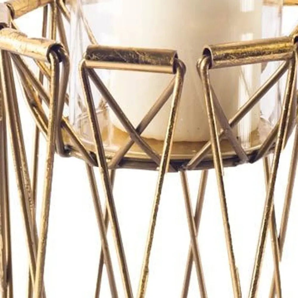 10" Antiqued Brass Distressed Geometric Metal And Glass Tabletop Hurricane Candle Holder - NOBLE HOME INTERIORS