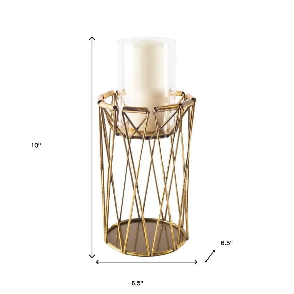 10" Antiqued Brass Distressed Geometric Metal And Glass Tabletop Hurricane Candle Holder - NOBLE HOME INTERIORS