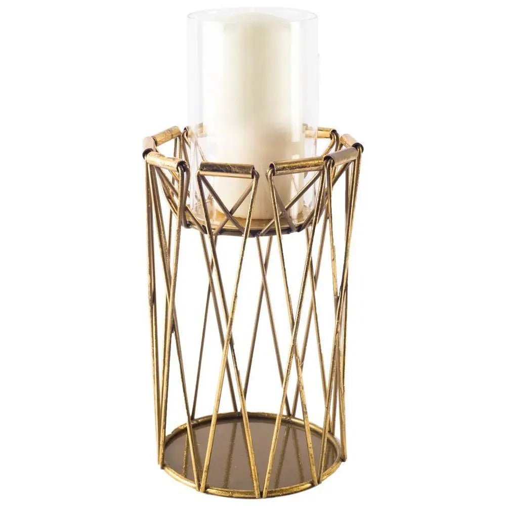 10" Antiqued Brass Distressed Geometric Metal And Glass Tabletop Hurricane Candle Holder - NOBLE HOME INTERIORS