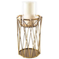 10" Antiqued Brass Distressed Geometric Metal And Glass Tabletop Hurricane Candle Holder - NOBLE HOME INTERIORS