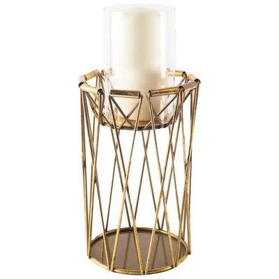 10" Antiqued Brass Distressed Geometric Metal And Glass Tabletop Hurricane Candle Holder - NOBLE HOME INTERIORS