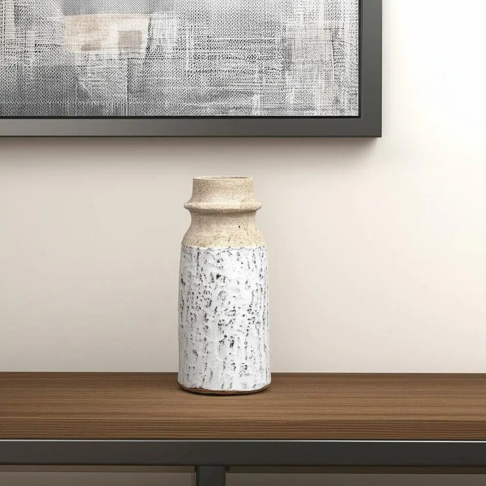 10" Beige And Ivory Cylinder Terracotta Table Vase - NOBLE HOME INTERIORS