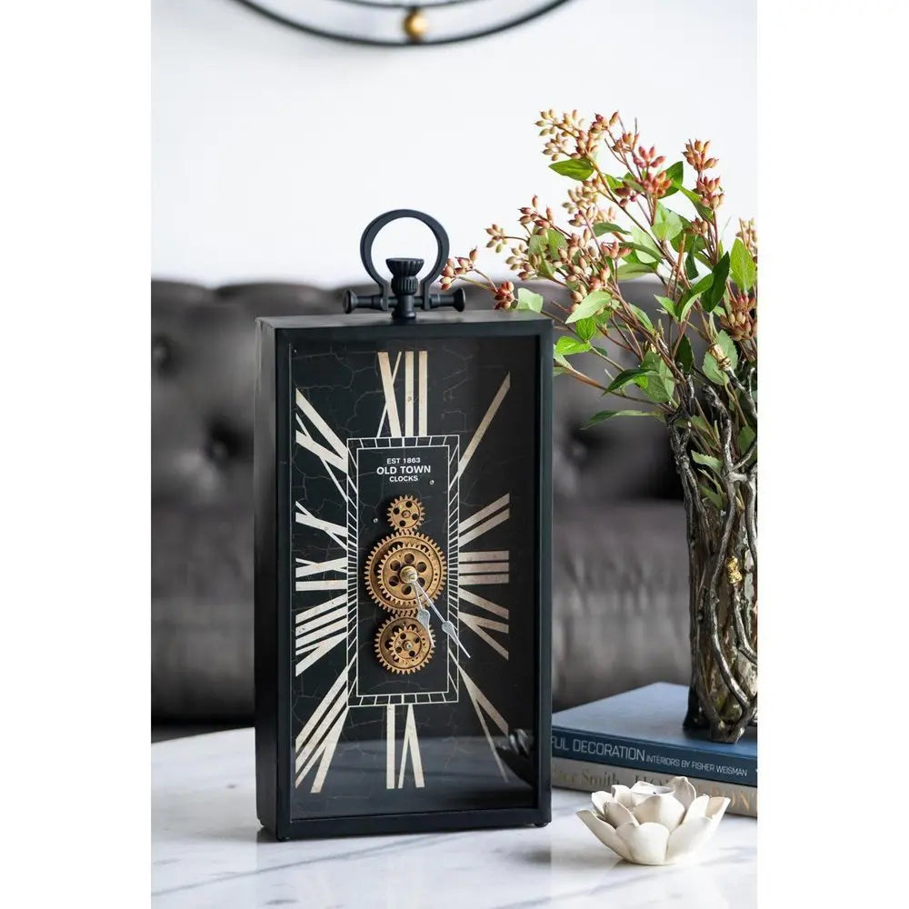 10" Black and Gold Metal and Glass Analog Vintage Style Crackle Wall Clock - NOBLE HOME INTERIORS