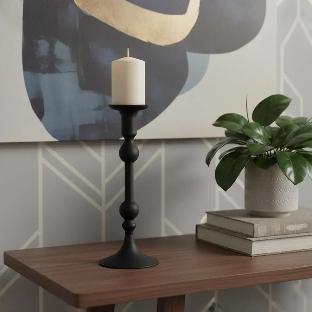 10" Black Glass Tabletop Taper Candlestick - NOBLE HOME INTERIORS