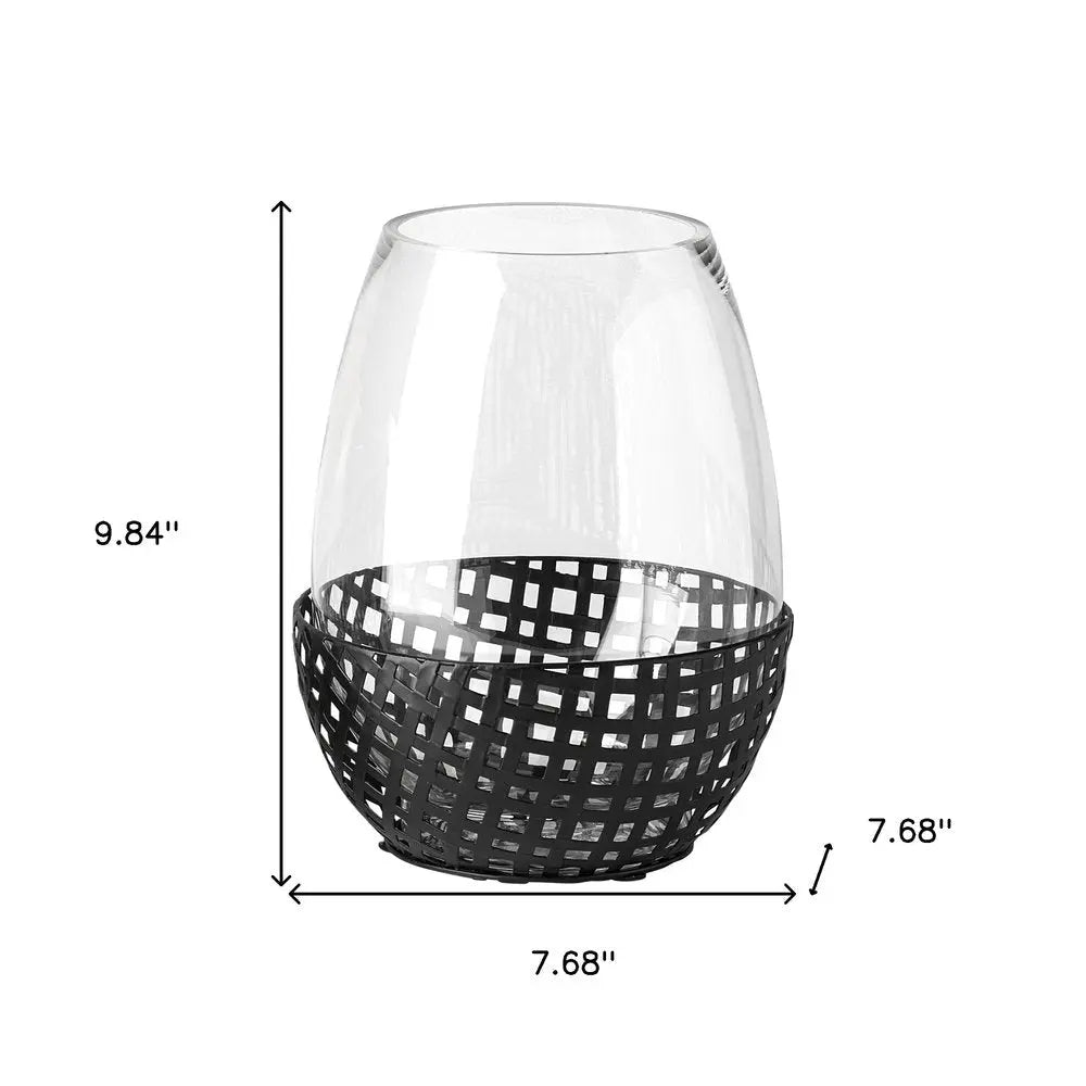 10" Black Woven Metal And Glass Tabletop Hurricane Candle Holder - NOBLE HOME INTERIORS
