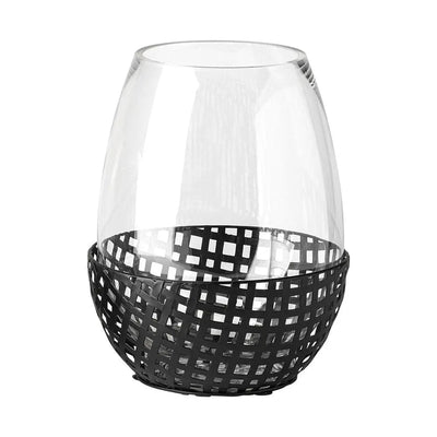 10" Black Woven Metal And Glass Tabletop Hurricane Candle Holder - NOBLE HOME INTERIORS