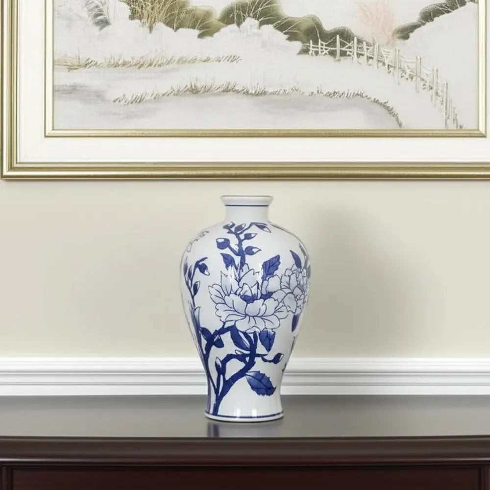 10" Blue And White Floral Round Porcelain Table Vase - NOBLE HOME INTERIORS