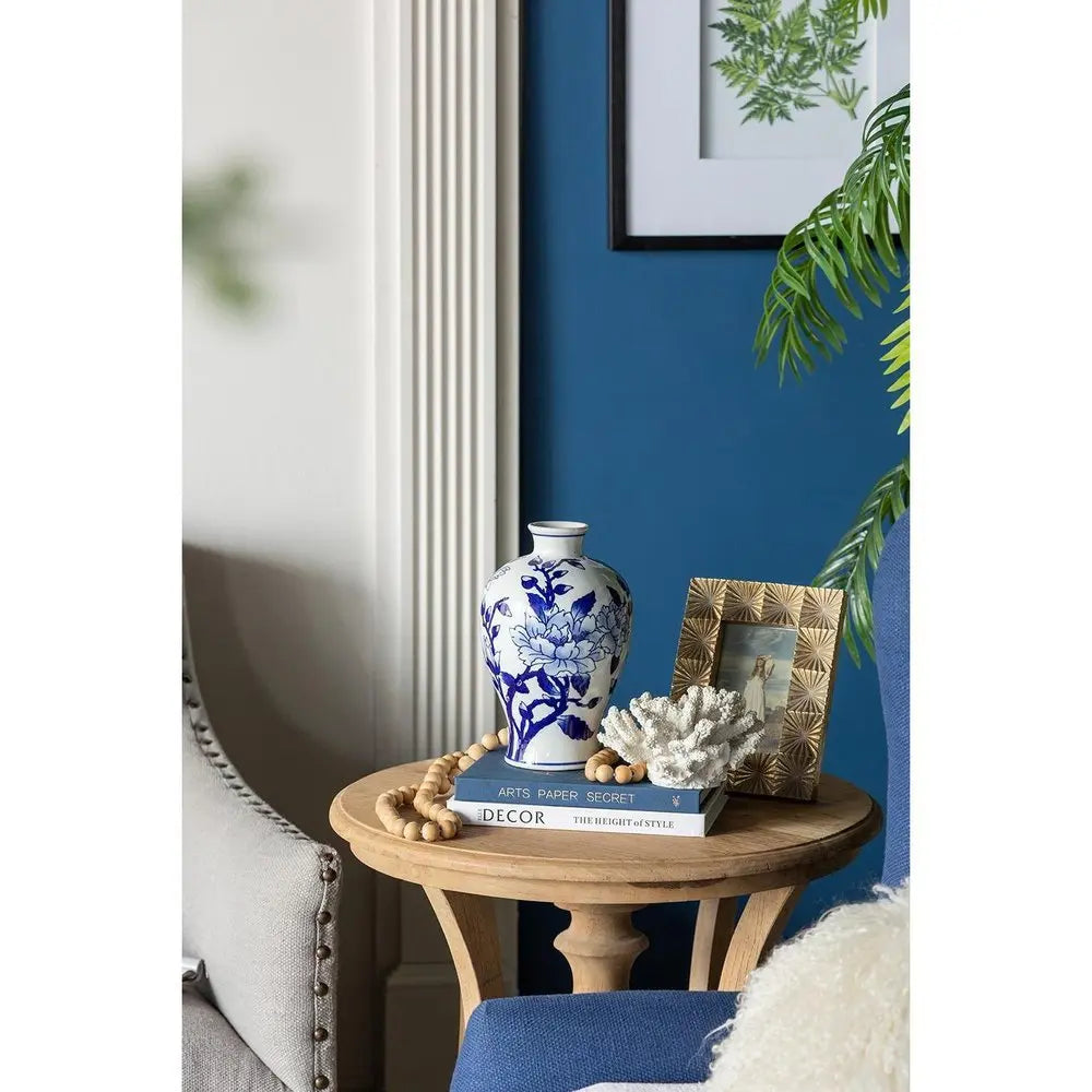 10" Blue And White Floral Round Porcelain Table Vase - NOBLE HOME INTERIORS