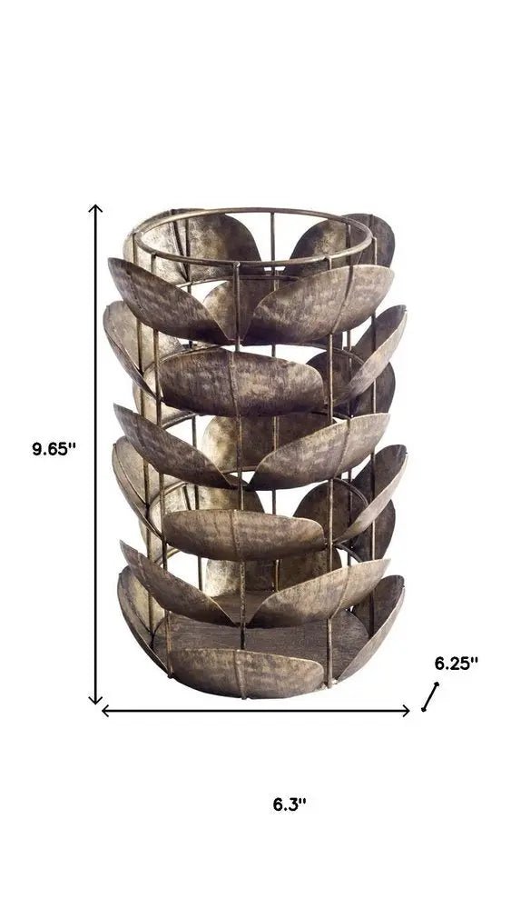 10" Bronze Distressed Botanical Leaf Metal Tabletop Hurricane Candle Holder - NOBLE HOME INTERIORS