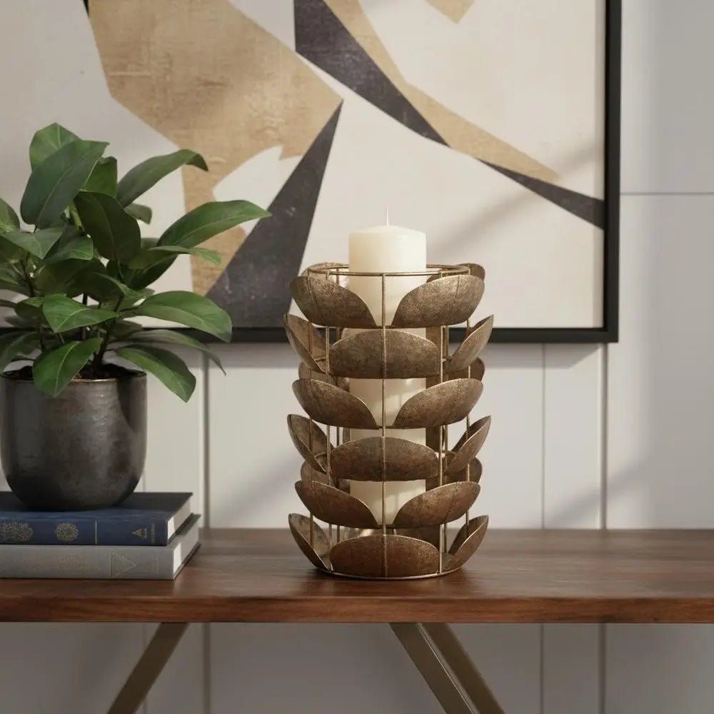 10" Bronze Distressed Botanical Leaf Metal Tabletop Hurricane Candle Holder - NOBLE HOME INTERIORS