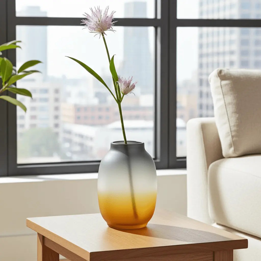 10" Charcoal And Orange Ombre Round Glass Table Vase - NOBLE HOME INTERIORS