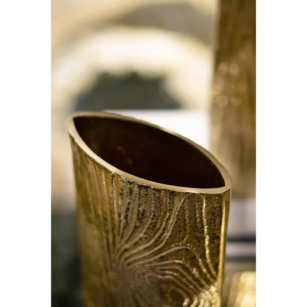 10" Gold Aluminum Oval Faux Wood Table Vase - NOBLE HOME INTERIORS