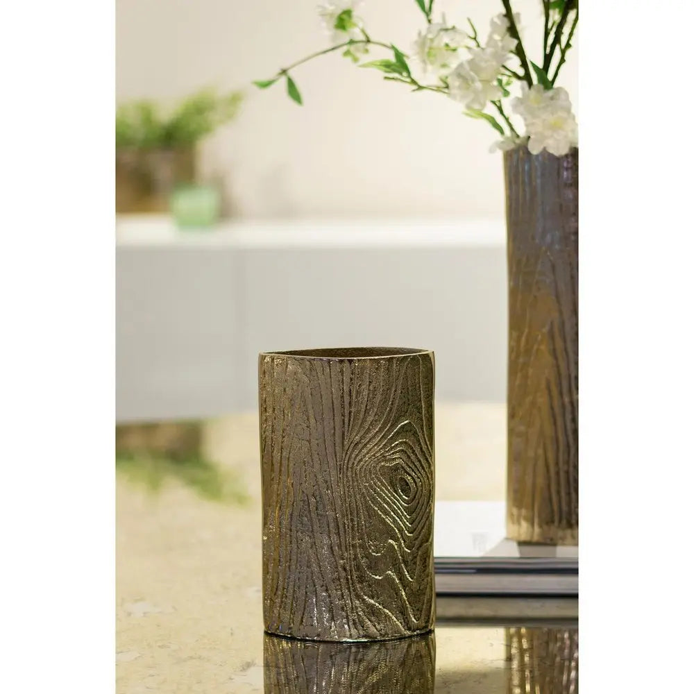 10" Gold Aluminum Oval Faux Wood Table Vase - NOBLE HOME INTERIORS