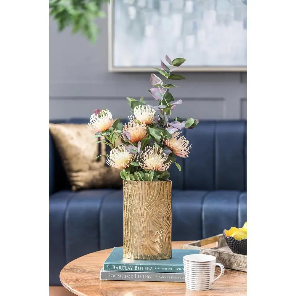 10" Gold Aluminum Oval Faux Wood Table Vase - NOBLE HOME INTERIORS