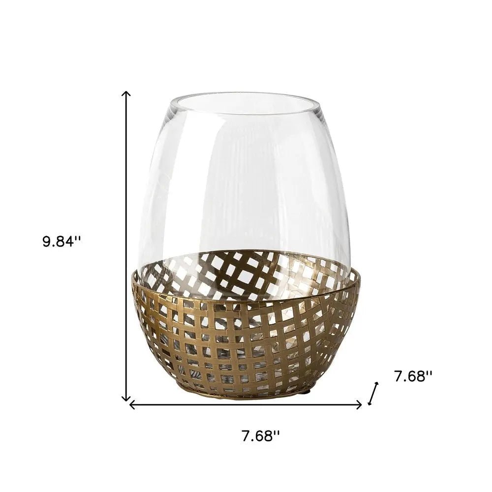 10" Gold And Clear Woven Metal And Glass Tabletop Hurricane Candle Holder - NOBLE HOME INTERIORS