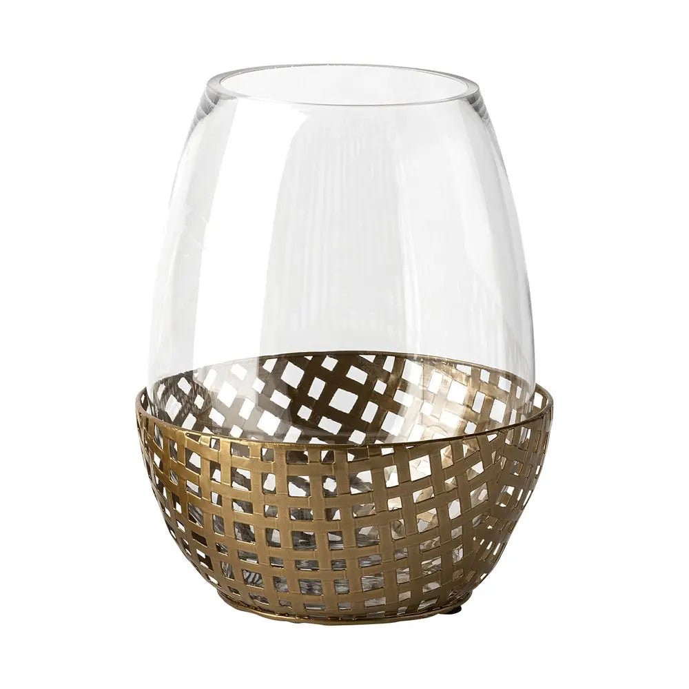 10" Gold And Clear Woven Metal And Glass Tabletop Hurricane Candle Holder - NOBLE HOME INTERIORS