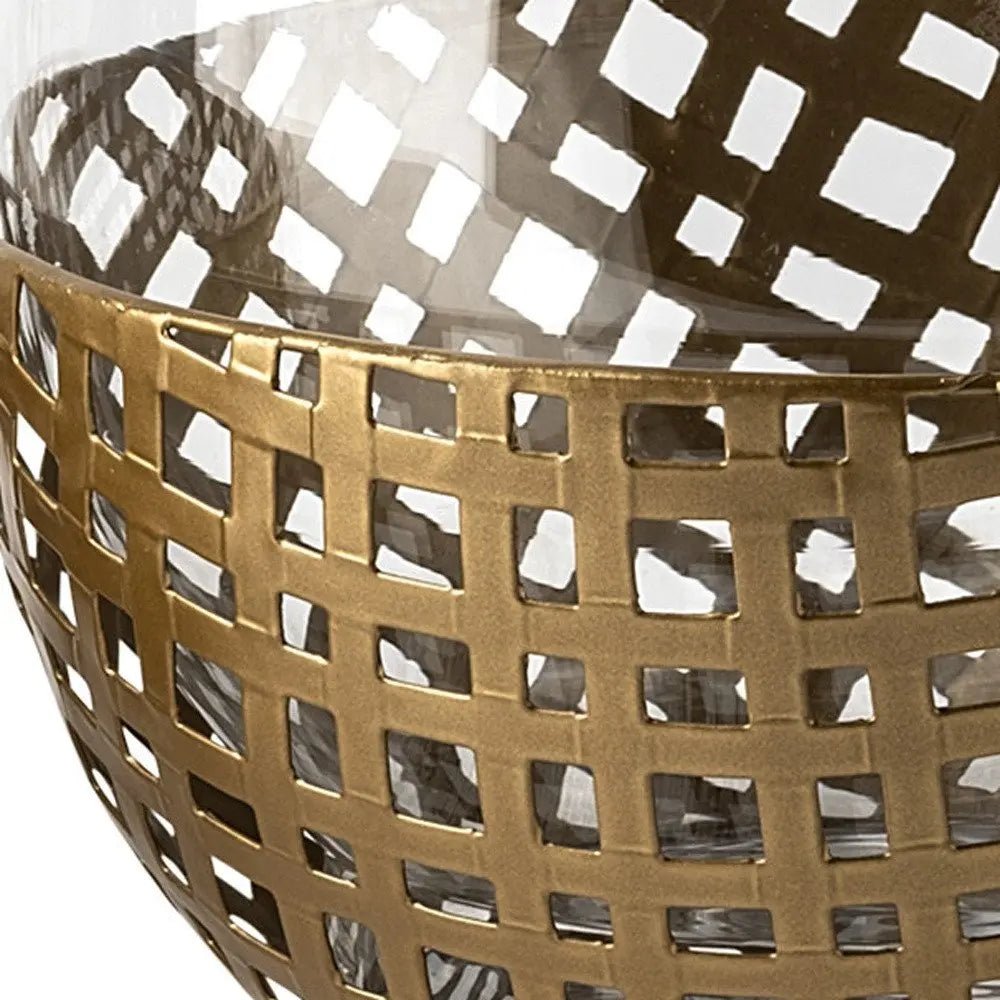 10" Gold And Clear Woven Metal And Glass Tabletop Hurricane Candle Holder - NOBLE HOME INTERIORS