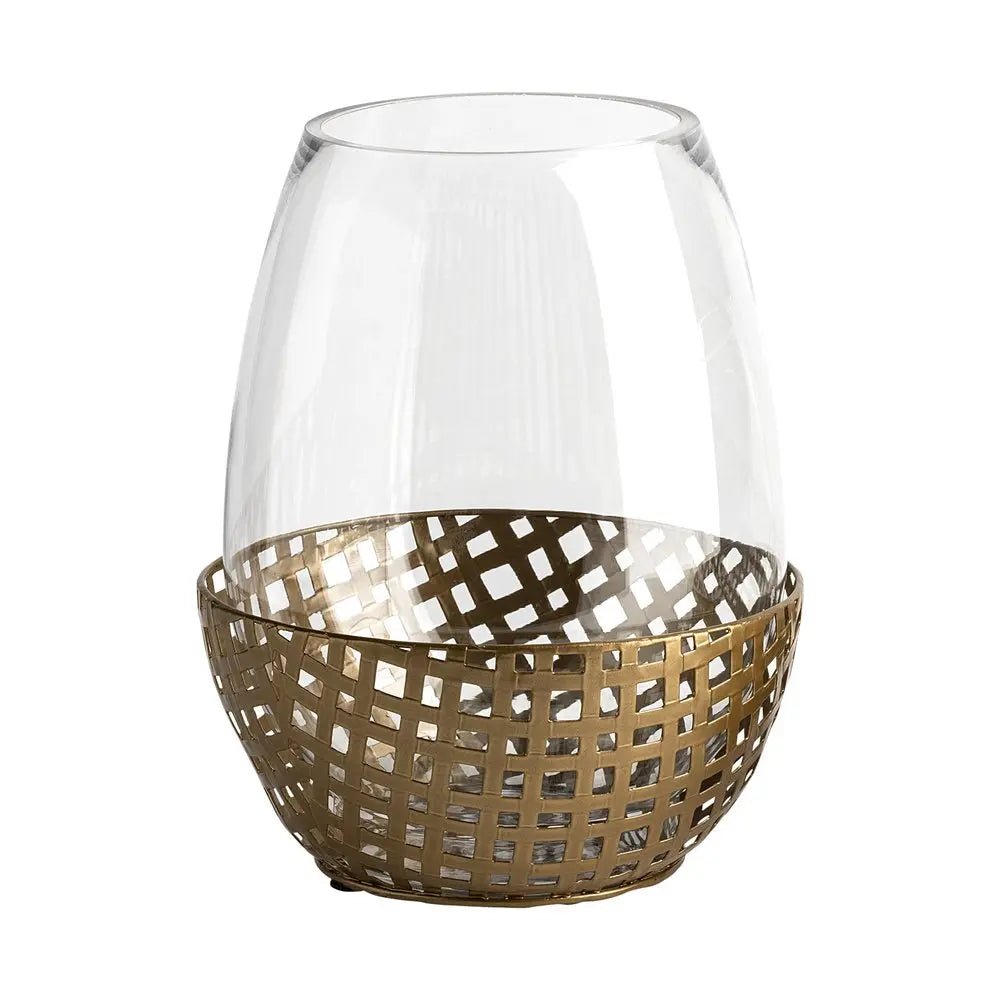 10" Gold And Clear Woven Metal And Glass Tabletop Hurricane Candle Holder - NOBLE HOME INTERIORS