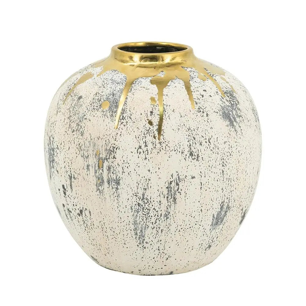 10" Gold Gray And Ivory Abstract Round Ceramic Table Vase - NOBLE HOME INTERIORS