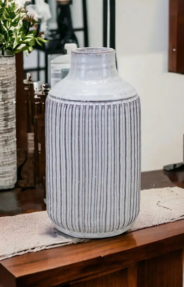 10" Off White Terracotta Striped Cylinder Table Vase - NOBLE HOME INTERIORS