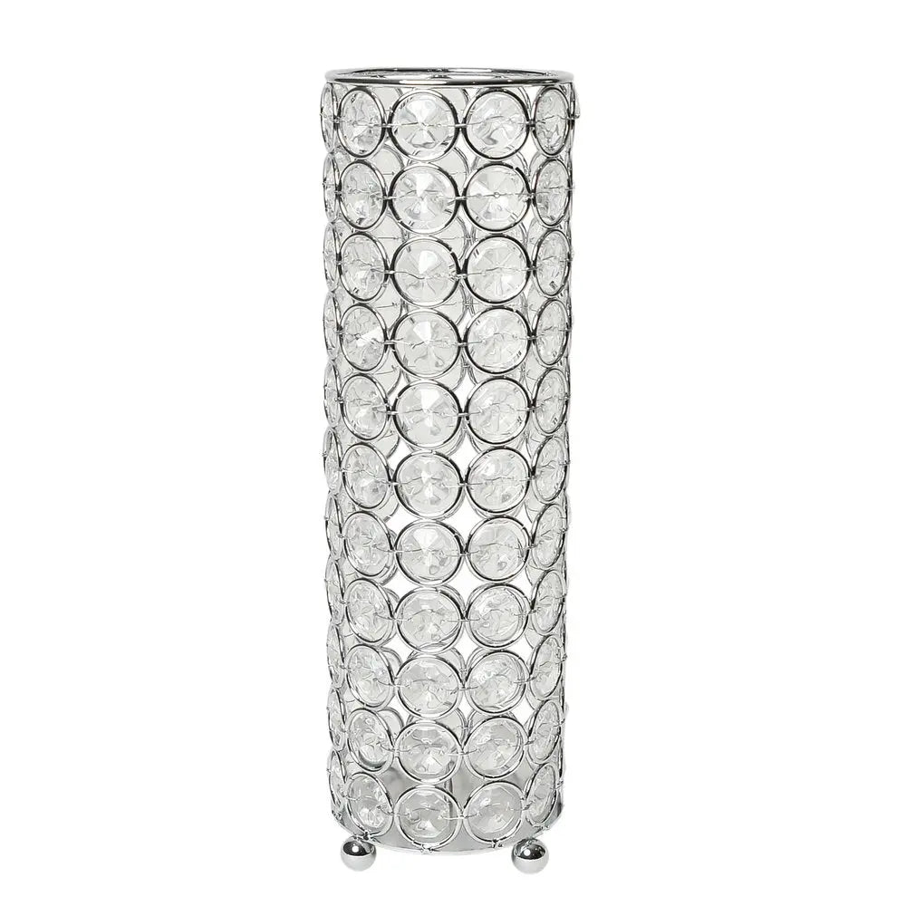 10" Silver And Clear Clear Crystal Cylinder Table Vase With Crystals - NOBLE HOME INTERIORS