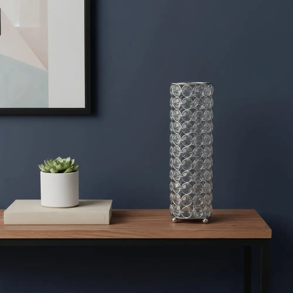 10" Silver And Clear Clear Crystal Cylinder Table Vase With Crystals - NOBLE HOME INTERIORS