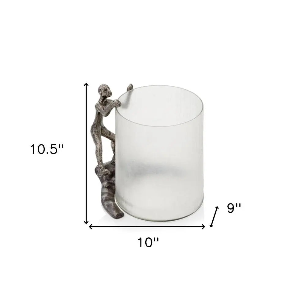 10" Silver And Glass Climbing Man Hurricane Candle Holder - NOBLE HOME INTERIORS
