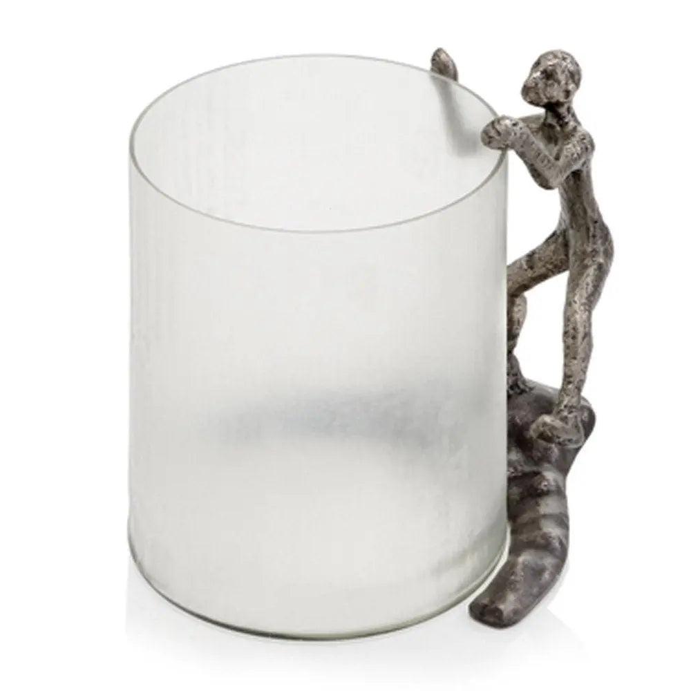 10" Silver And Glass Climbing Man Hurricane Candle Holder - NOBLE HOME INTERIORS