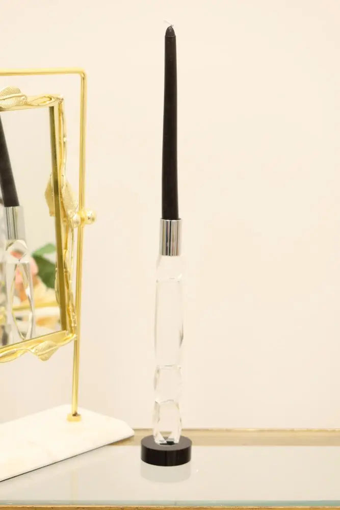 10" Silver Clear And Black Faceted Crystal Tabletop Taper Candlestick - NOBLE HOME INTERIORS