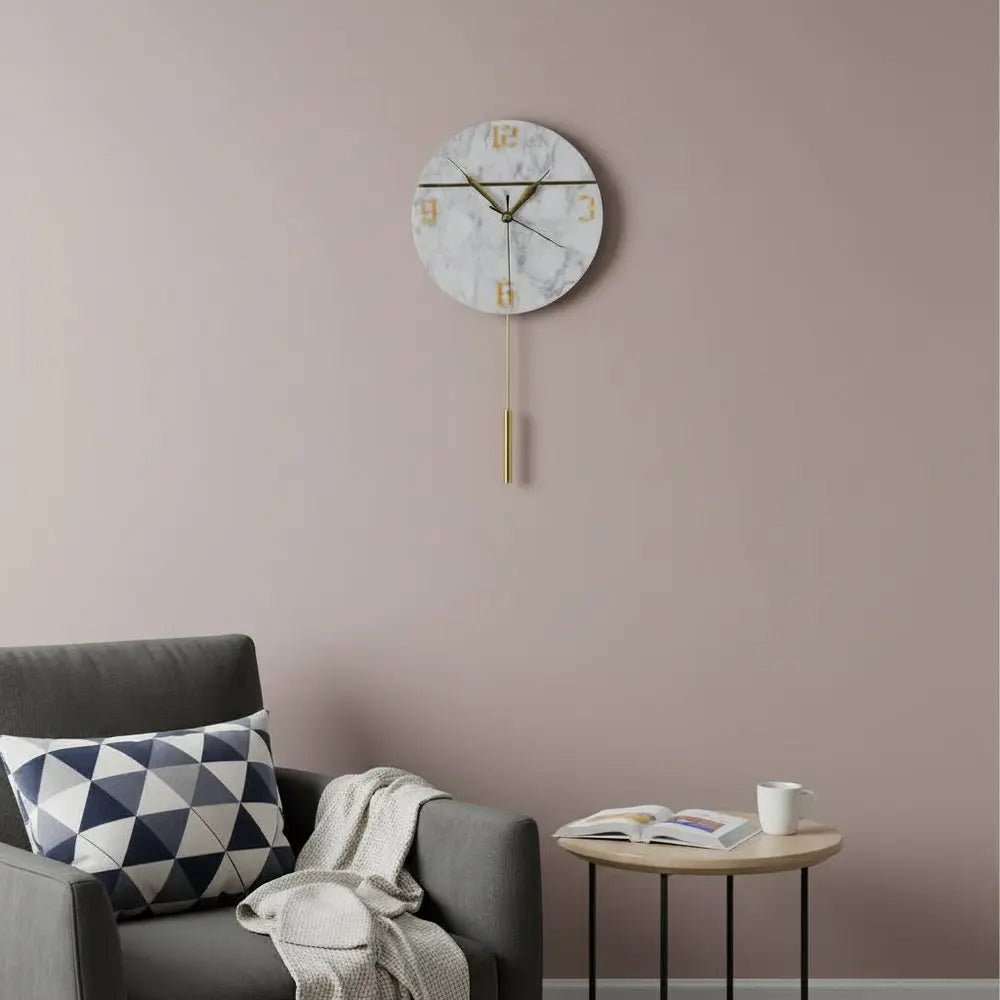 10" White And Gold Marble Silent Pendulum Marble Round Wall Clock - NOBLE HOME INTERIORS