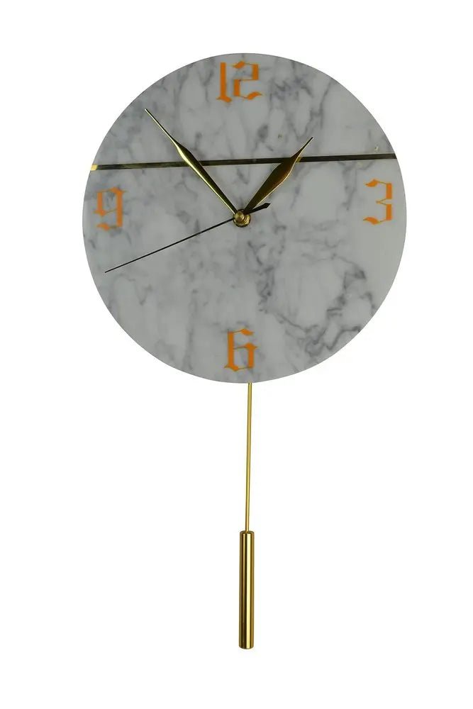 10" White And Gold Marble Silent Pendulum Marble Round Wall Clock - NOBLE HOME INTERIORS