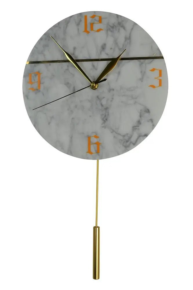 10" White And Gold Marble Silent Pendulum Marble Round Wall Clock - NOBLE HOME INTERIORS