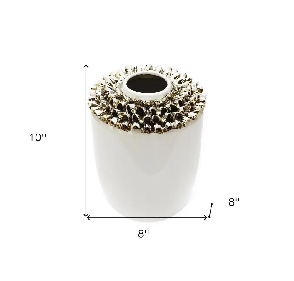 10" White Round Ceramic Table Vase With Sculptural Details - NOBLE HOME INTERIORS