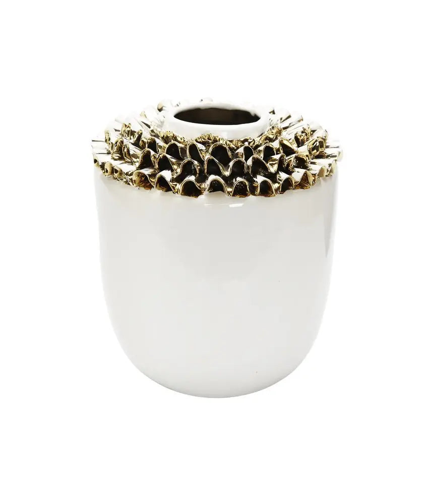 10" White Round Ceramic Table Vase With Sculptural Details - NOBLE HOME INTERIORS