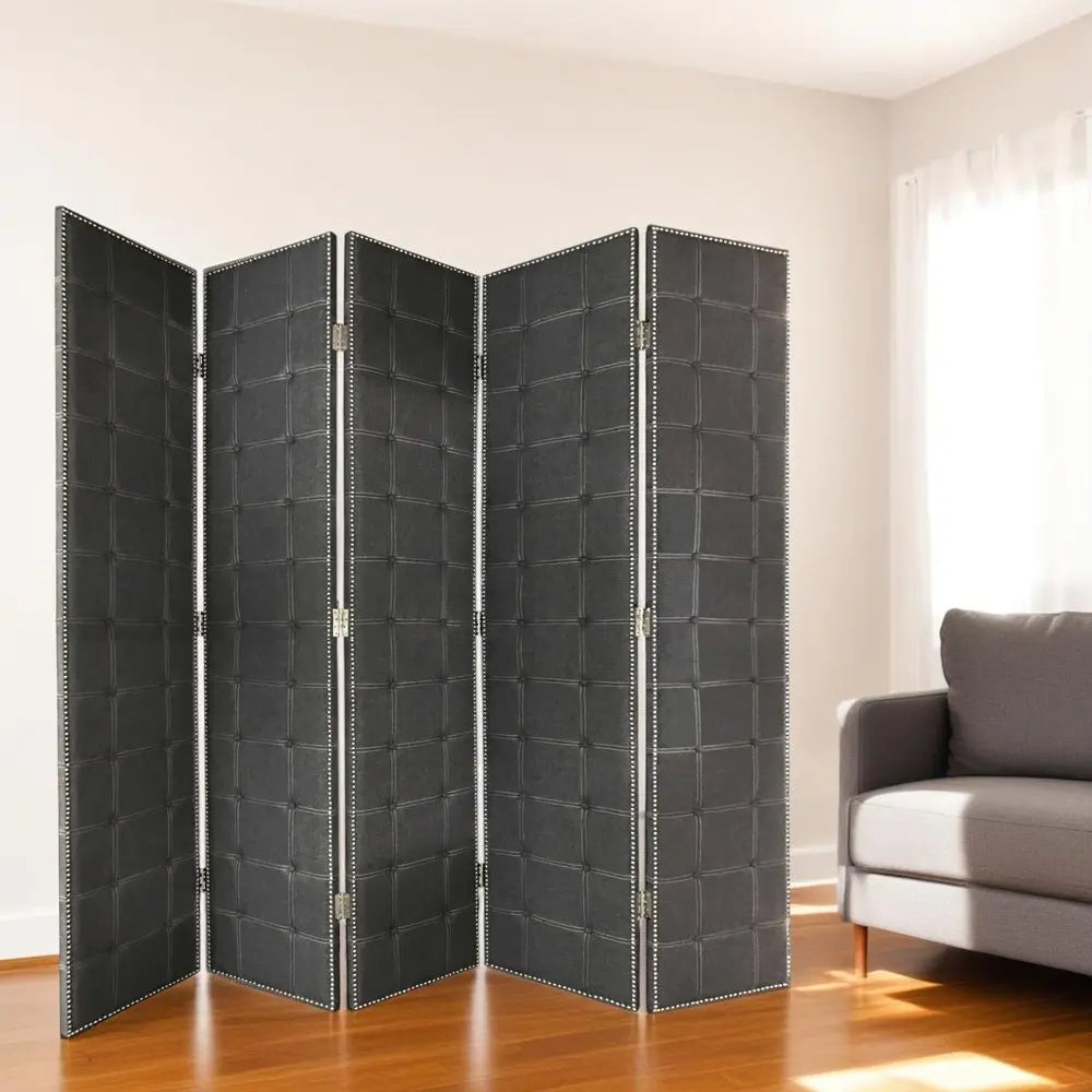 108" Gray Fabric And Wood Folding Five Panel Screen Room Divider - NOBLE HOME INTERIORS