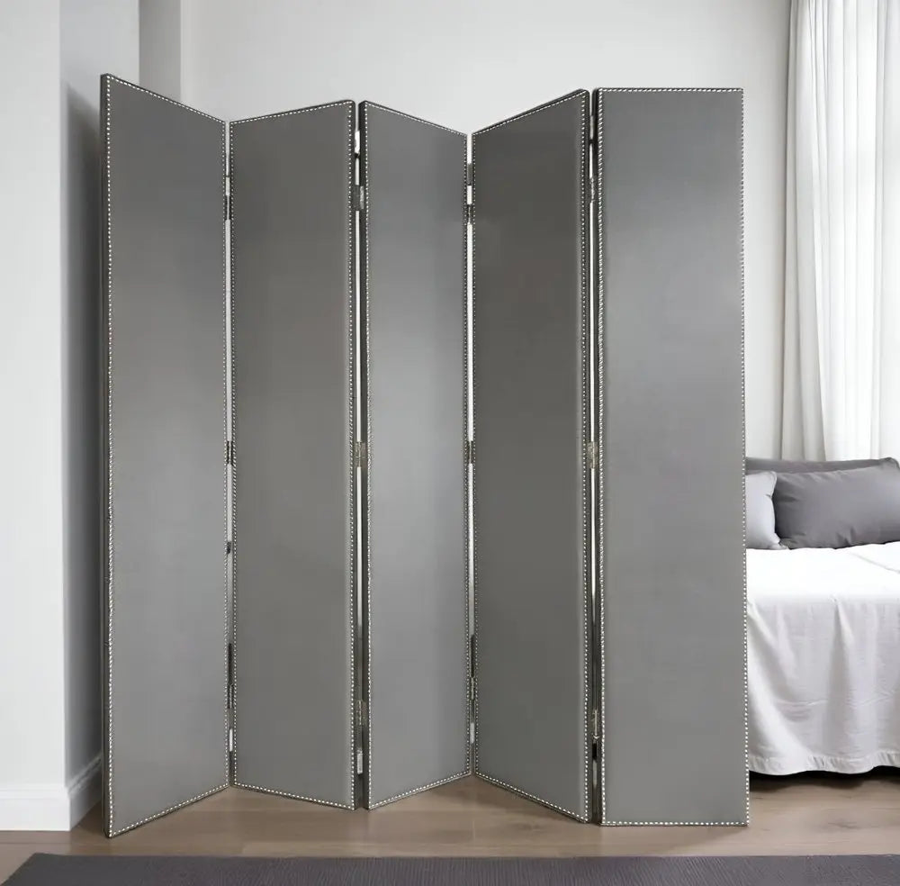 108" Gray Fabric And Wood Folding Five Panel Screen Room Divider - NOBLE HOME INTERIORS