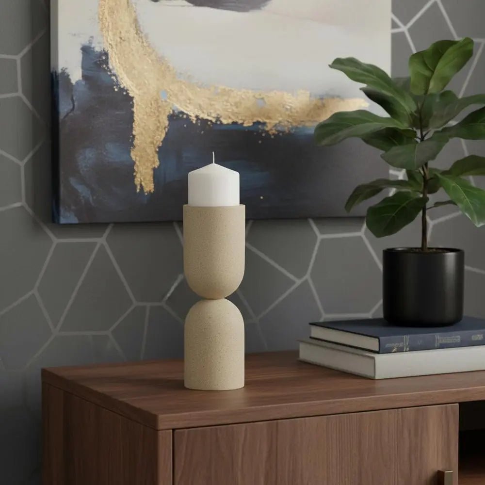 11" Beige Metal Tabletop Pillar Candle Holder - NOBLE HOME INTERIORS