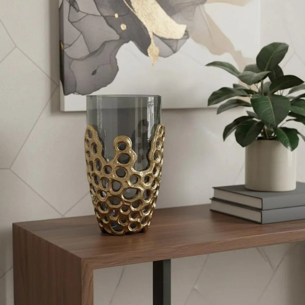 11" Black And Gold Glass And Aluminum Geo Circles Table Vase - NOBLE HOME INTERIORS