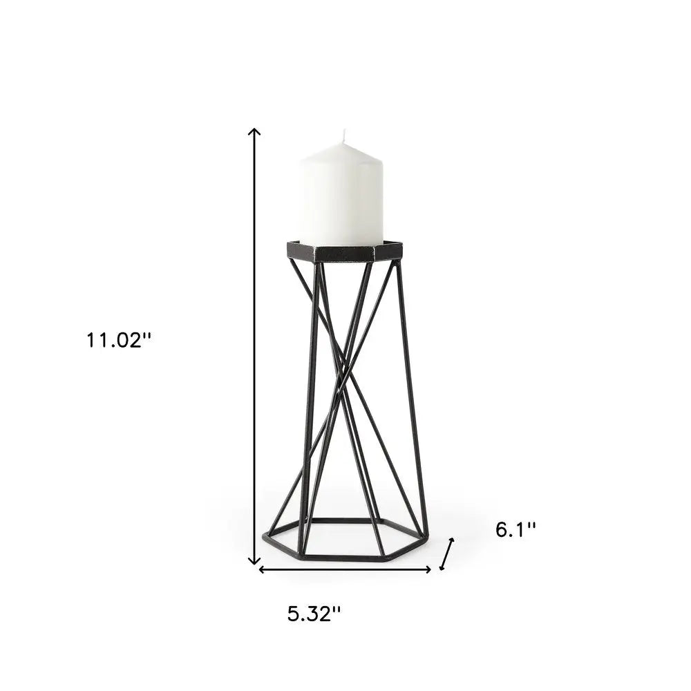 11" Black Distressed Geometric Metal Tabletop Pillar Candle Holder - NOBLE HOME INTERIORS