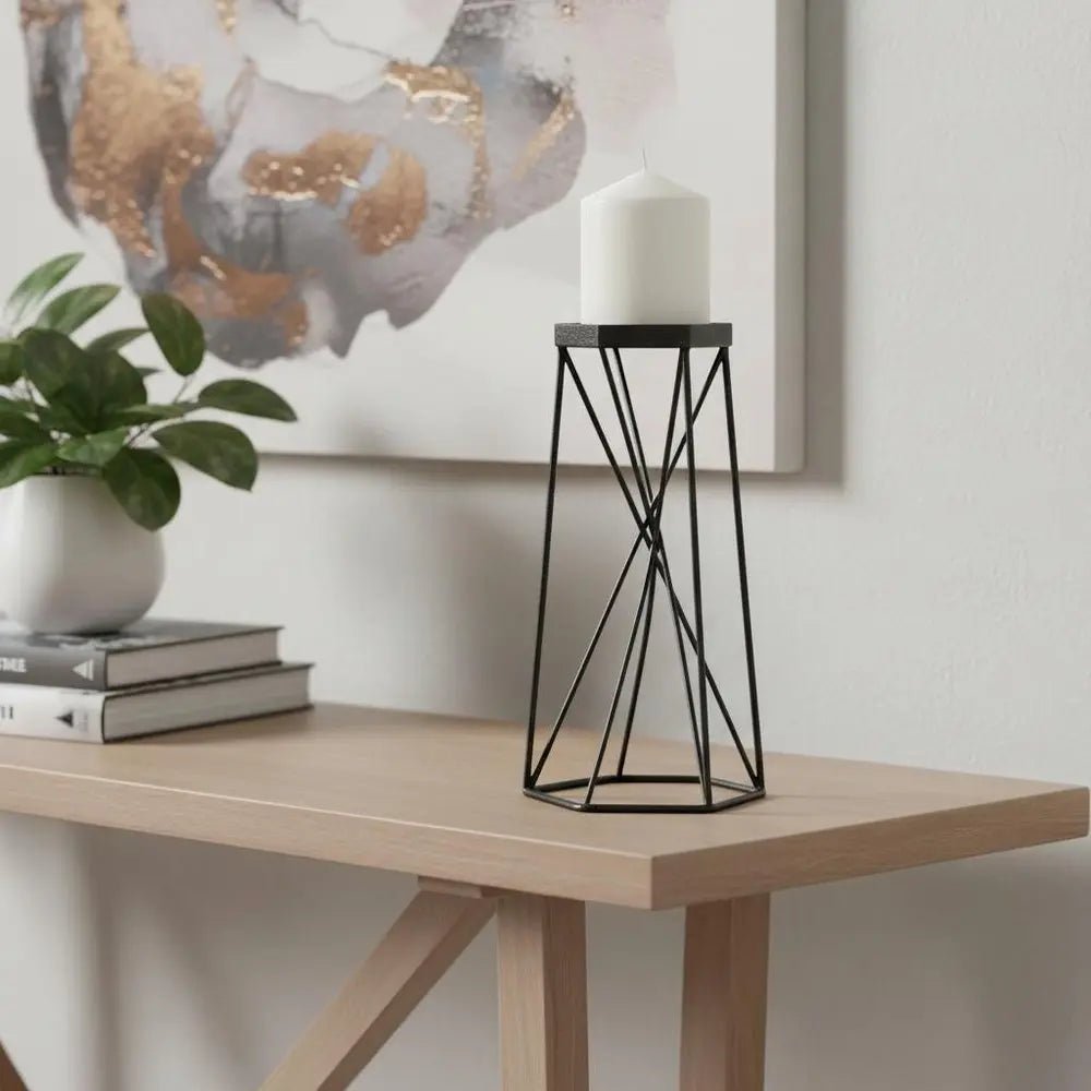 11" Black Distressed Geometric Metal Tabletop Pillar Candle Holder - NOBLE HOME INTERIORS