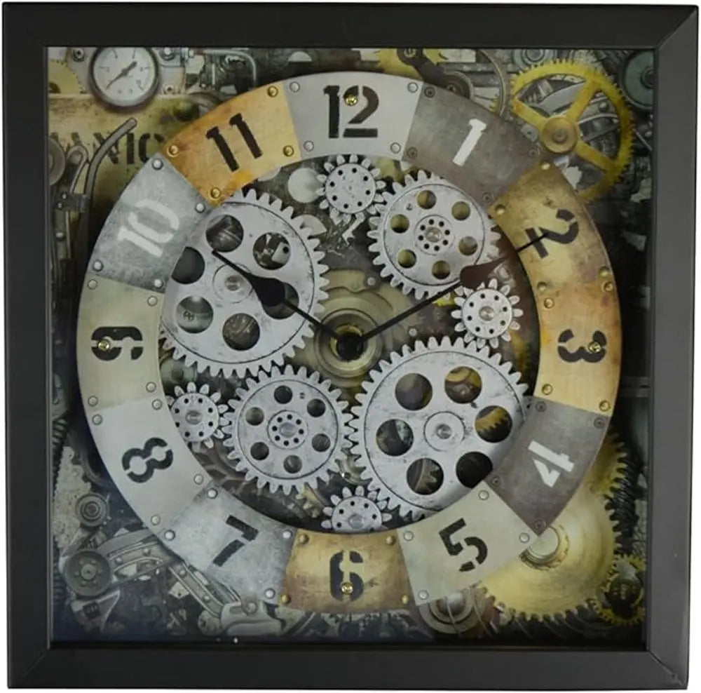 11" Black Gold And Silver Metal Silent Skeleton Distressed Exposed Gear Square Wall Clock - NOBLE HOME INTERIORS