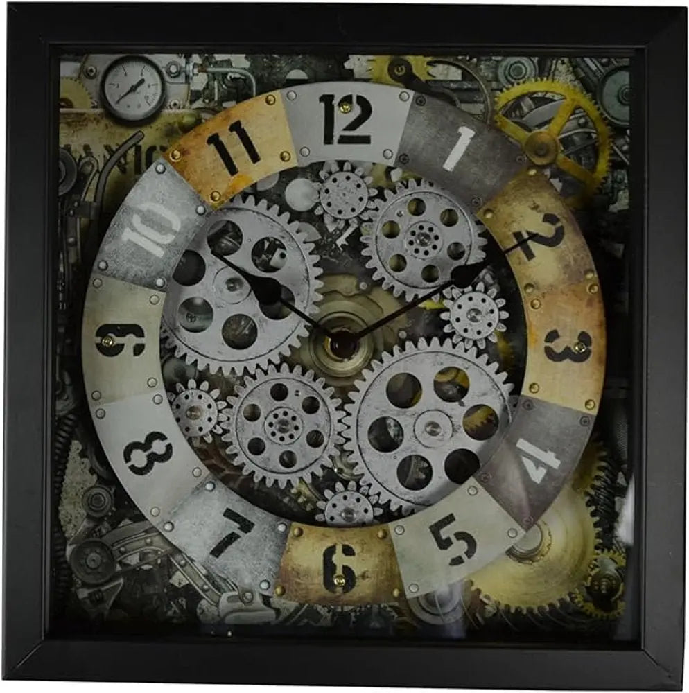 11" Black Gold And Silver Metal Silent Skeleton Distressed Exposed Gear Square Wall Clock - NOBLE HOME INTERIORS