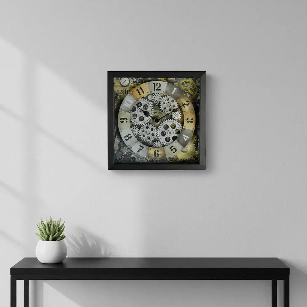 11" Black Gold And Silver Metal Silent Skeleton Distressed Exposed Gear Square Wall Clock - NOBLE HOME INTERIORS