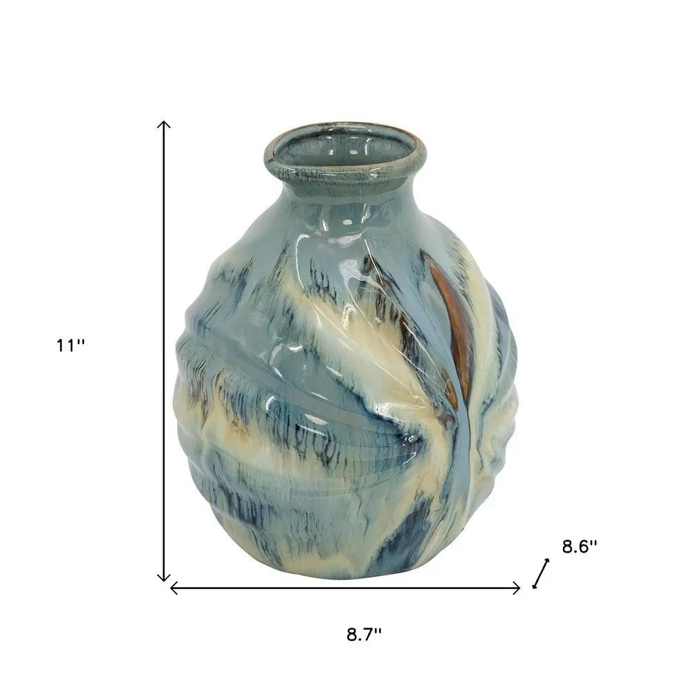 11" Blue Beige And Brown Abstract Round Ceramic Table Vase - NOBLE HOME INTERIORS