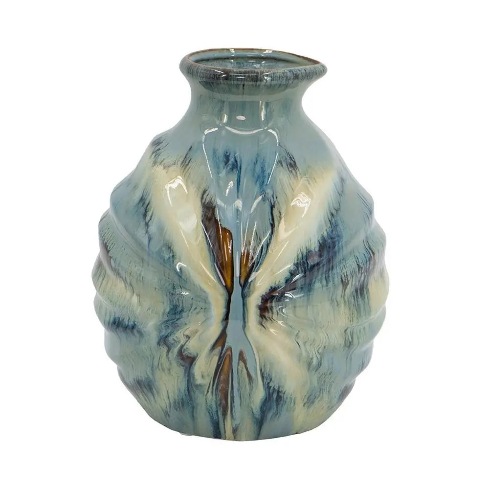 11" Blue Beige And Brown Abstract Round Ceramic Table Vase - NOBLE HOME INTERIORS