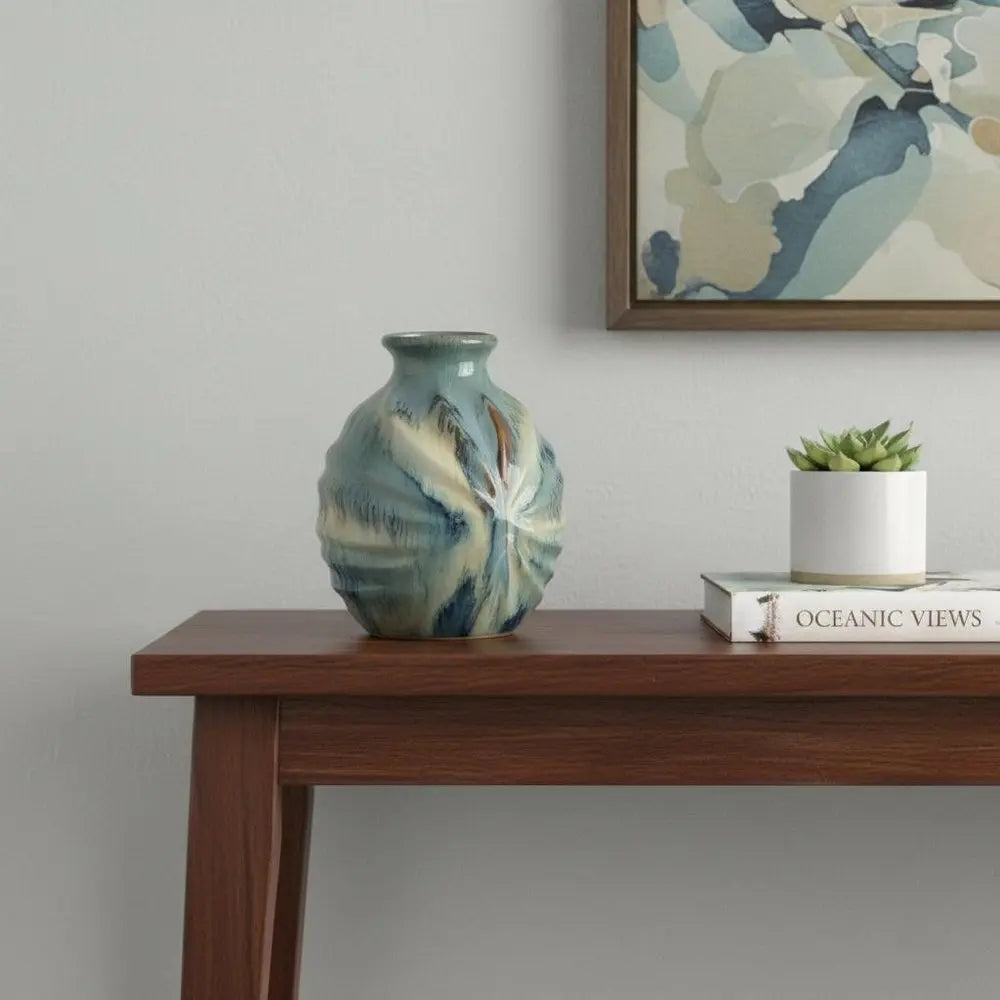 11" Blue Beige And Brown Abstract Round Ceramic Table Vase - NOBLE HOME INTERIORS