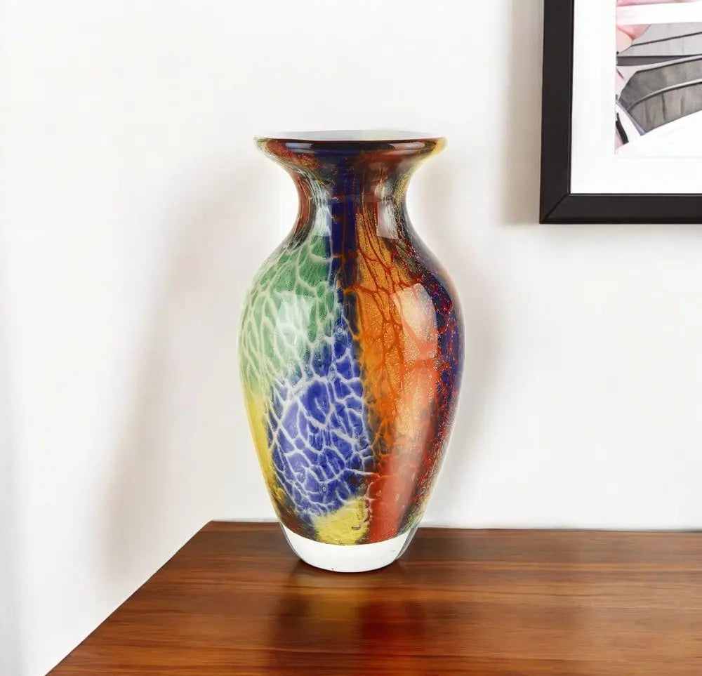 11" Blue Green And Orange Urn Murano Glass Table Vase - NOBLE HOME INTERIORS
