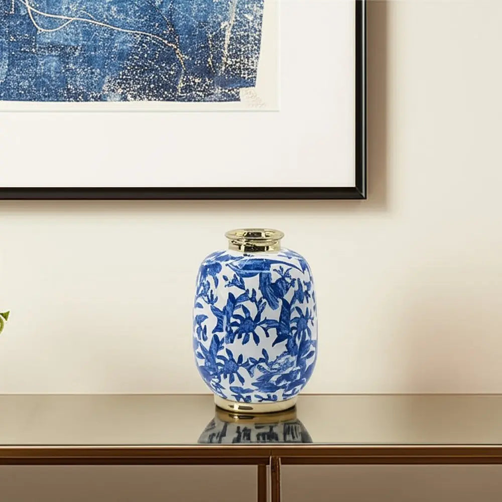 11" Blue White And Gold Chinoiserie Floral Porcelain Table Vase - NOBLE HOME INTERIORS