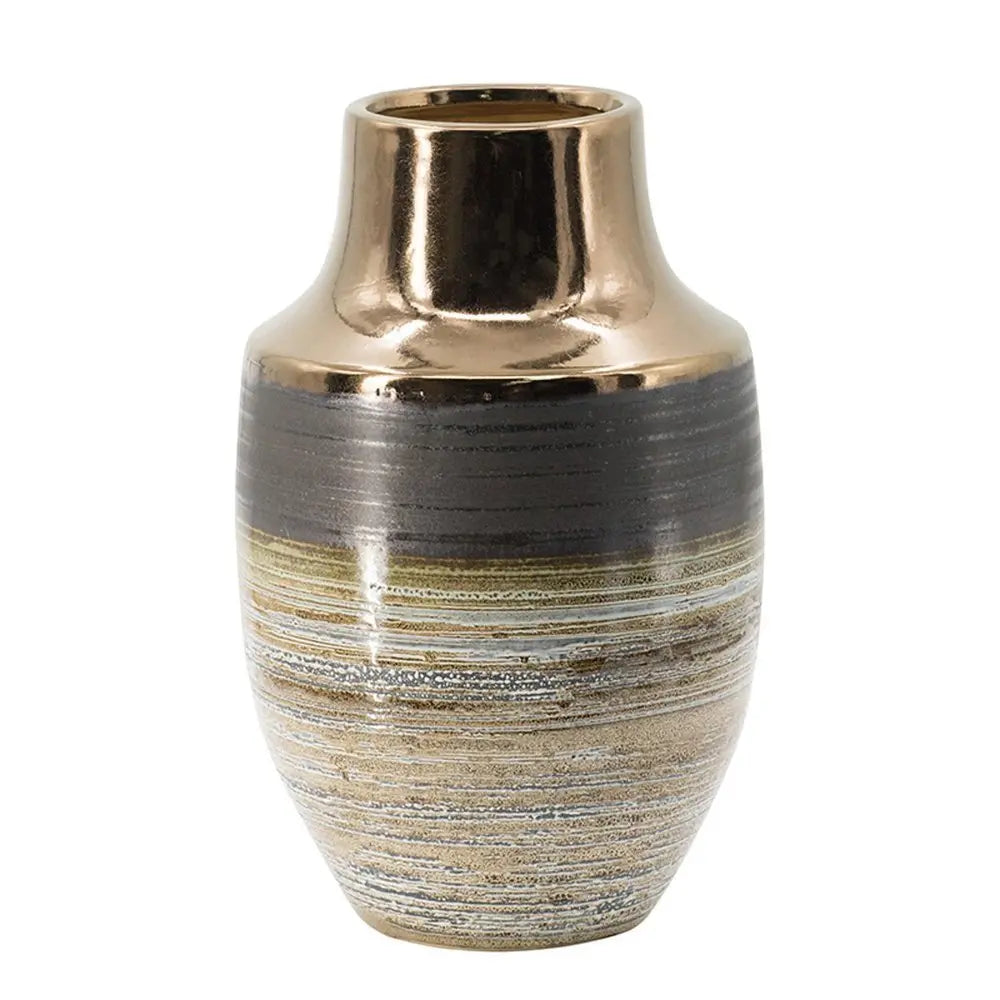 11" Brown and Bronze Striped Round Ceramic Table Vase With Does Not Apply - NOBLE HOME INTERIORS